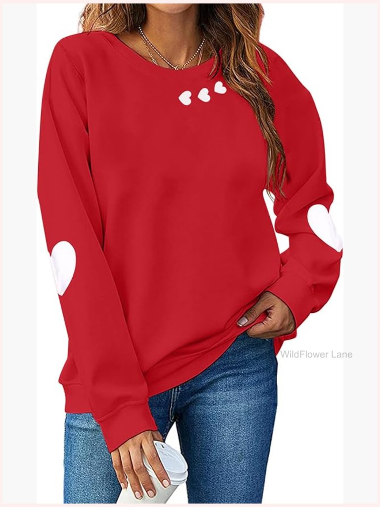 Valentines Heart Print Long Sleeve Tee Women Cute Tunic Blouse Love Graphic Top